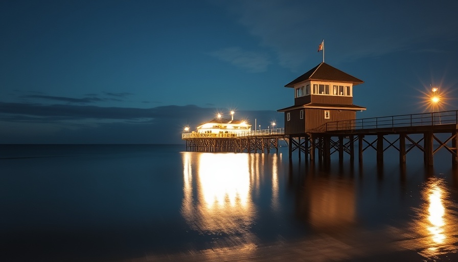 Peaceful night view of illuminated pier for safest towns in Quebec for senior living.