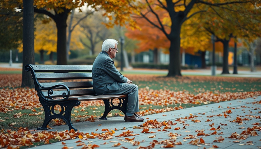 Lonely senior sitting on bench in New York park, autumn leaves
