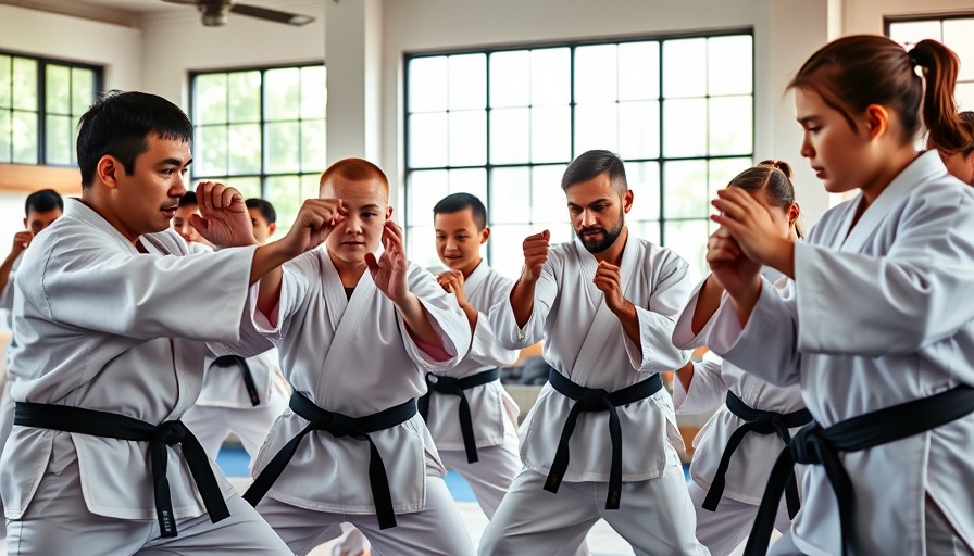 Martial arts classes Gurnee with children and adults practicing karate in a sunlit dojo.