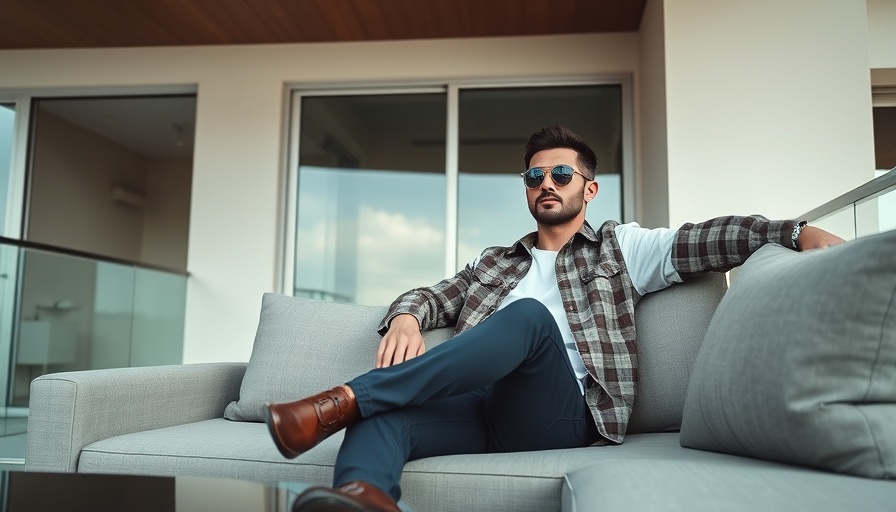 Stylish man relaxing on balcony couch, modern setting.