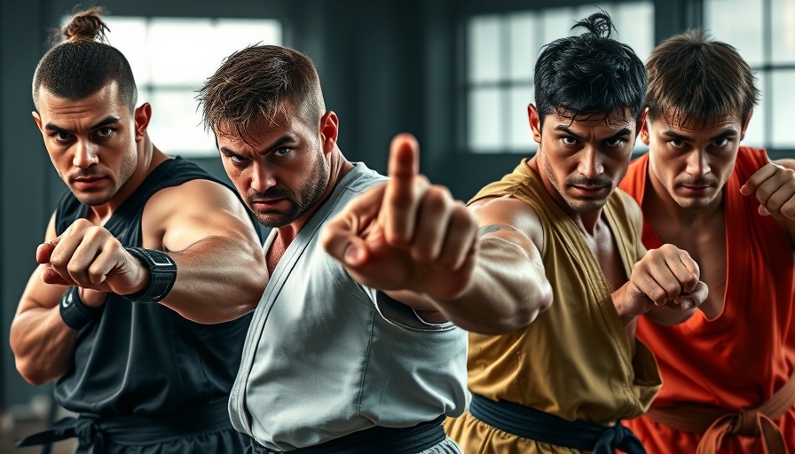 Karate practitioners showcase intense expressions in a dramatic setting.