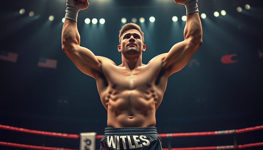 Martial arts fighter celebrating victory in a fighting cage.