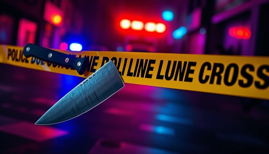 Crime scene with knife and police tape, dramatic lighting.