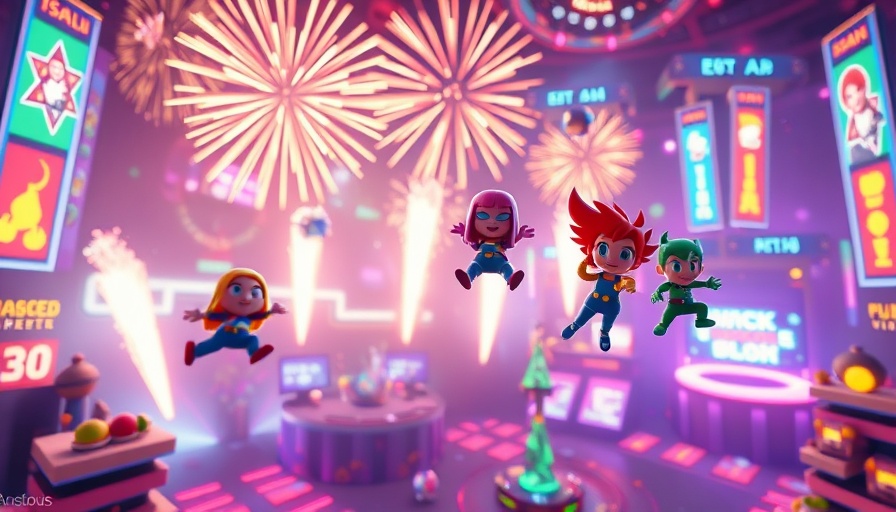Vibrant 3D video game arena with pixelated animation, colorful setting.