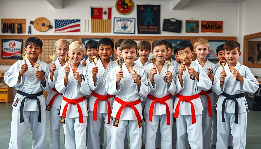 Martial arts students with trophies after class in Gurnee.
