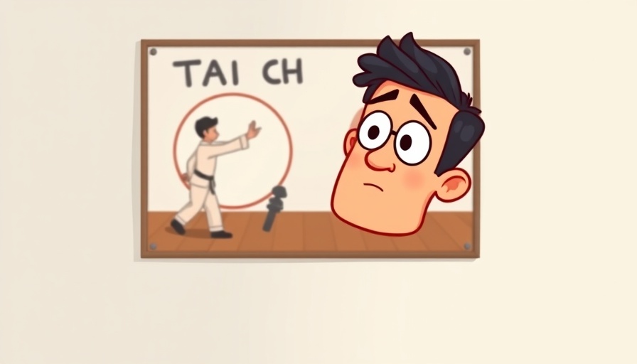 Cartoon man puzzled by Tai Chi class promotional poster, Tai Chi Buyer Beware