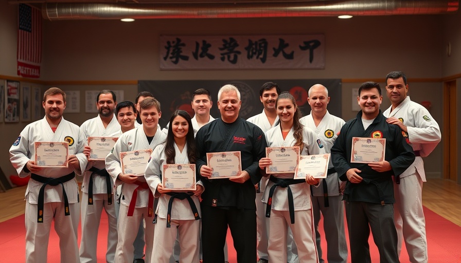 Martial arts students and instructors with certificates in Gurnee dojo.