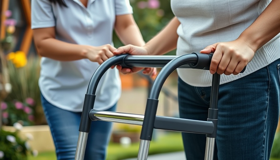 Senior Health Scams awareness; caring hands supporting elderly person.
