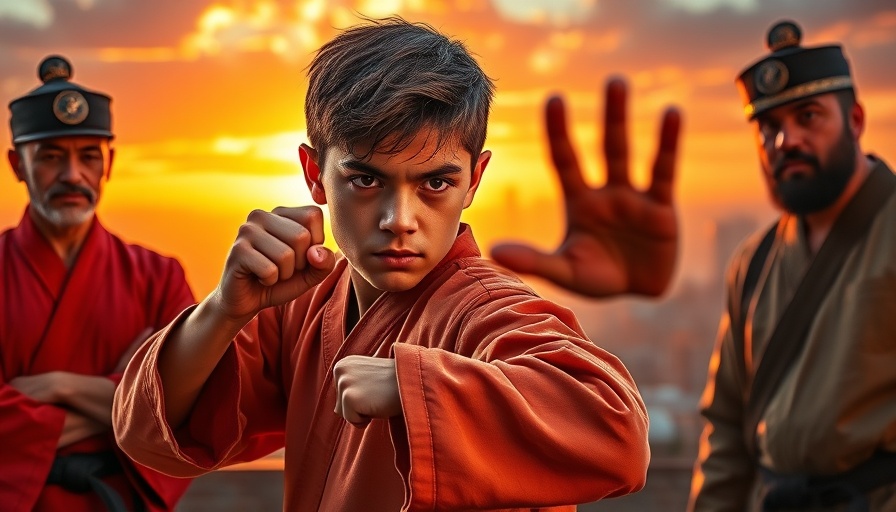 Young martial artist and mentors against NYC sunset.