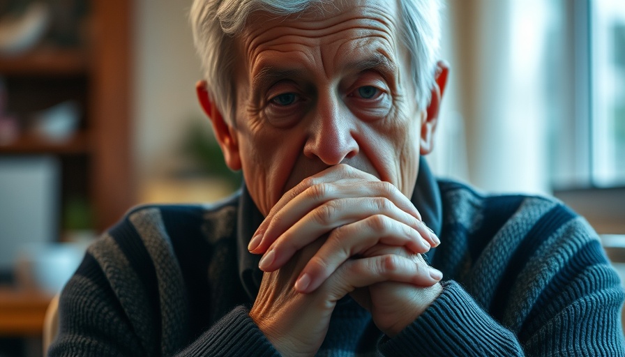 Senior person sitting with clasped hands, thoughtful expression.