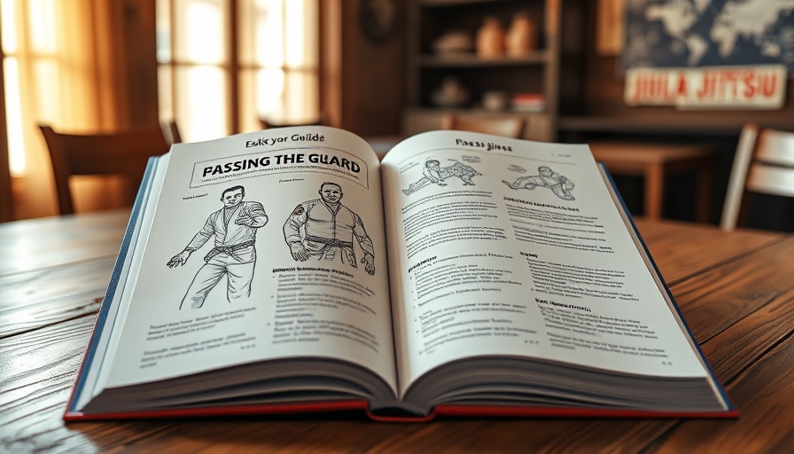 Open Brazilian Jiu-Jitsu guidebook showing guard pass technique.