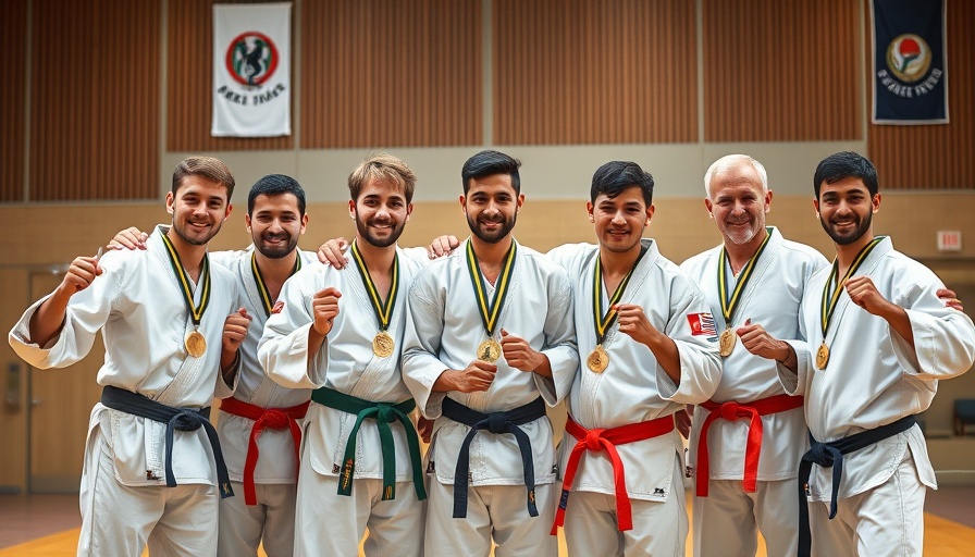 Martial artists in Central Alberta tournament with medals in gym.