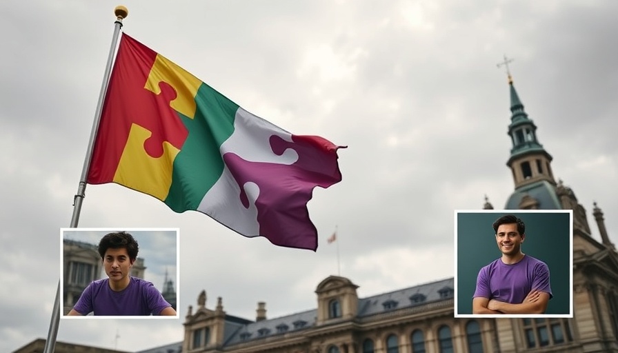 Autism rights flag waving high in front of building.