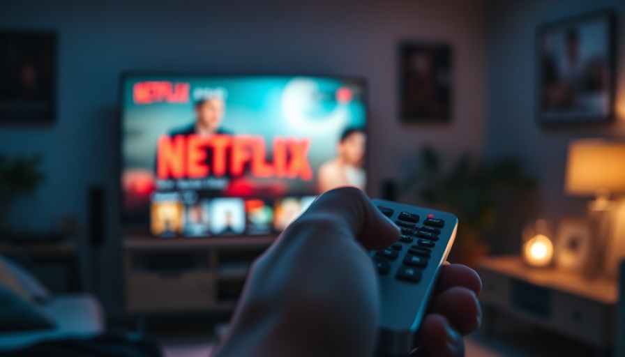 Hand with remote, selecting Netflix show on TV, cinematic feel.