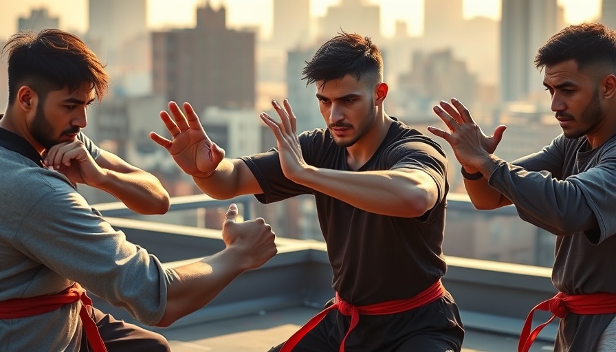 Three people practicing martial arts on a rooftop, Karate Kid Legends.