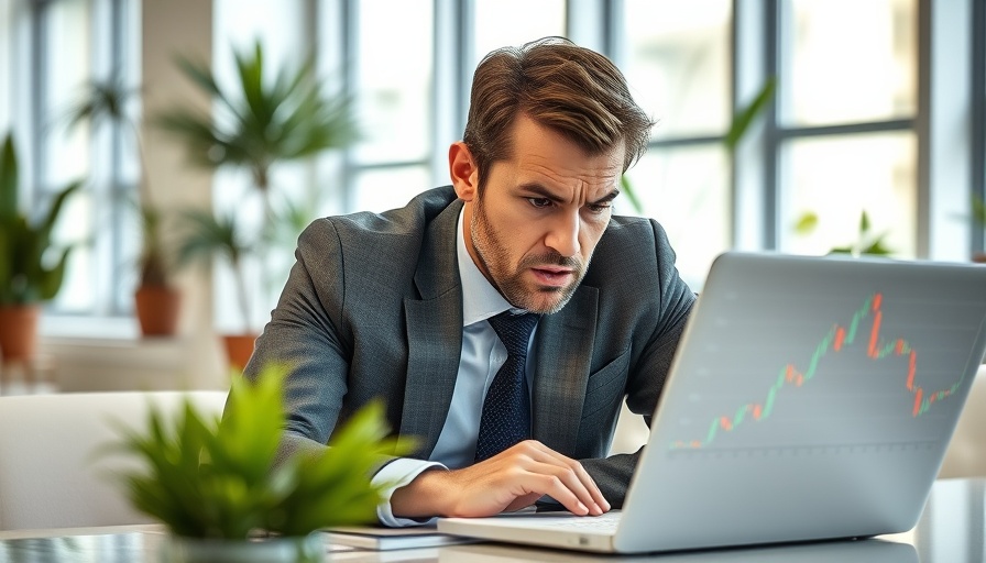 Businessman stressed over altcoin market downturn, analyzing laptop chart.