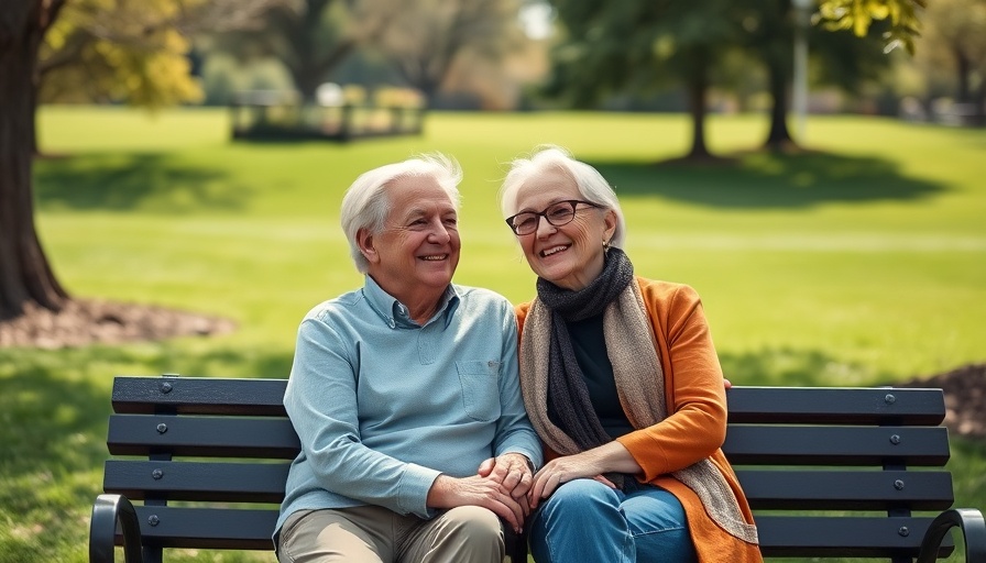 Joyful senior couple on bench in serene park setting.