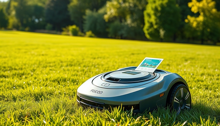 Modern robot lawn mower with packaging on a vibrant green lawn.