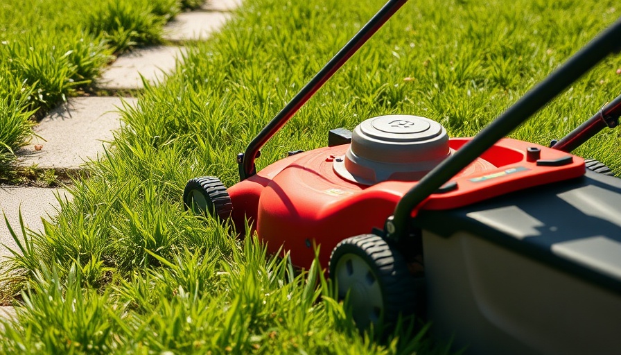 Lawnmower trimming lush grass in Shelby MI under sunlight.