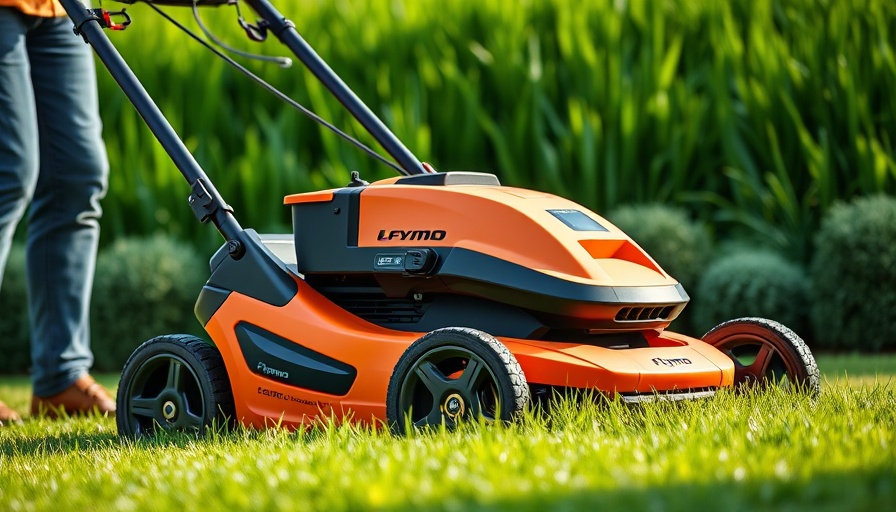 Flymo lawn mower adjustment in garden setting.