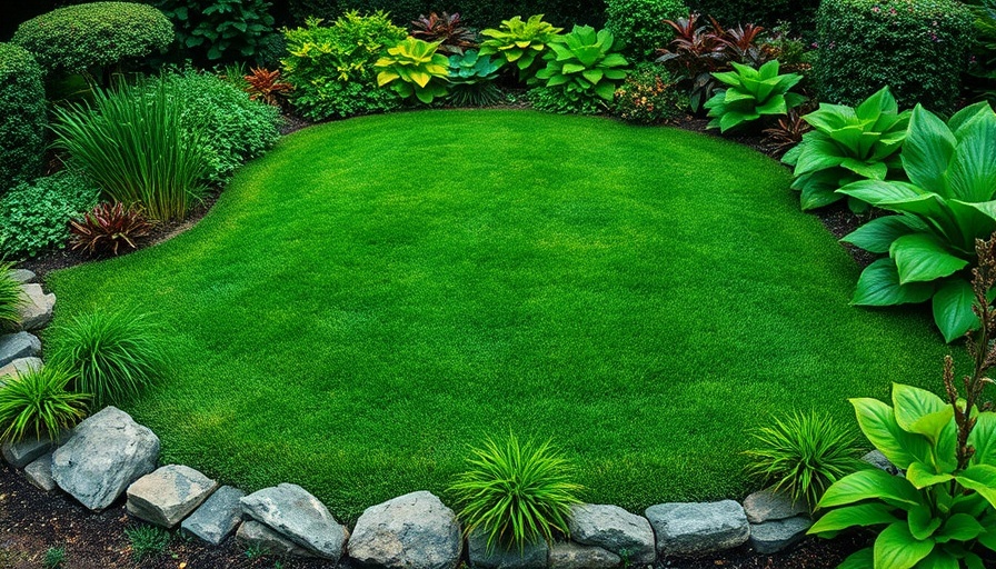 Lush garden landscape in Shelby MI with stone border and green foliage.