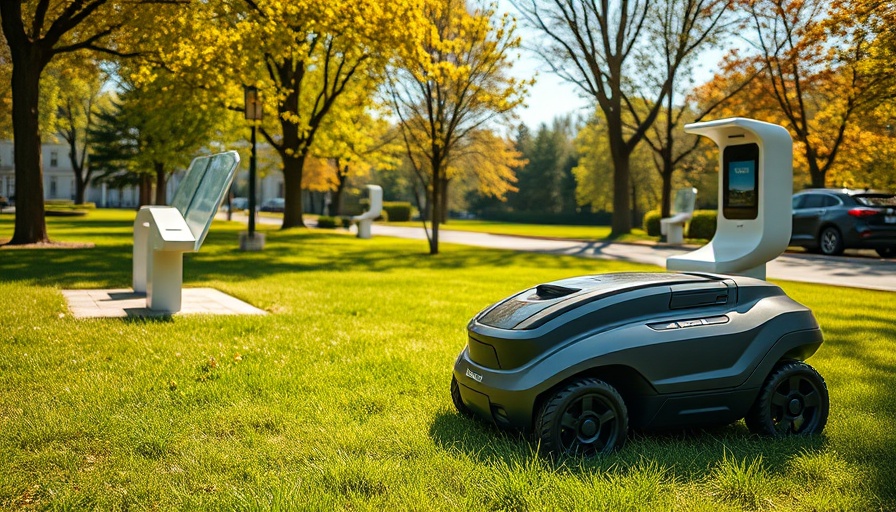 Modern robot lawn mower illustration in a sunny park.