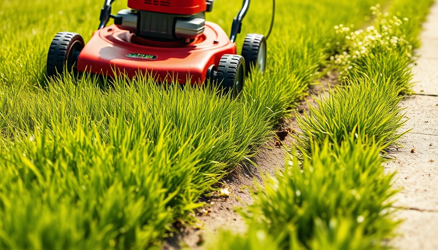 Red lawnmower trimming grass edge in Shelby, Michigan