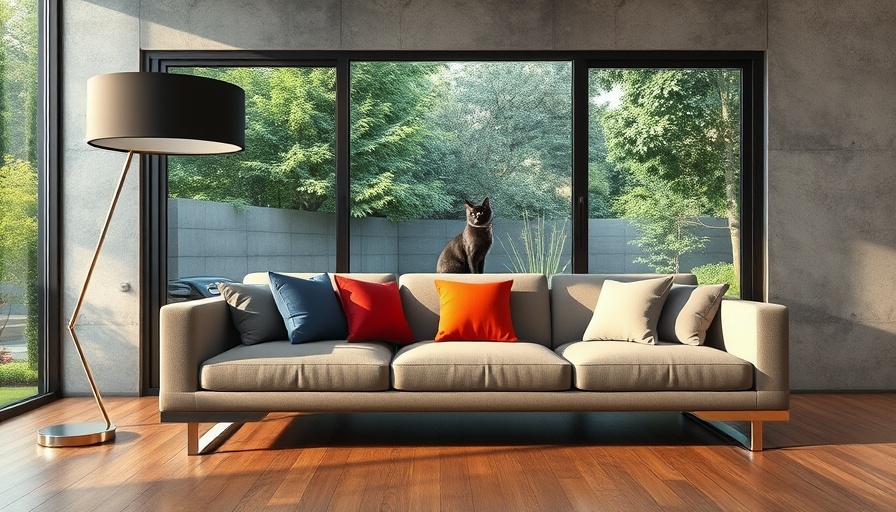 Modern living room with garden view and cat near window.