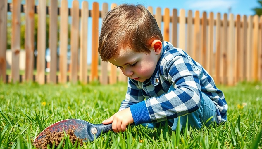 Non-toxic lawn care alternatives: child using tool on grass.