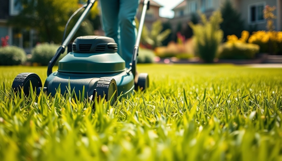Person providing lawn care services, mowing a green lawn.