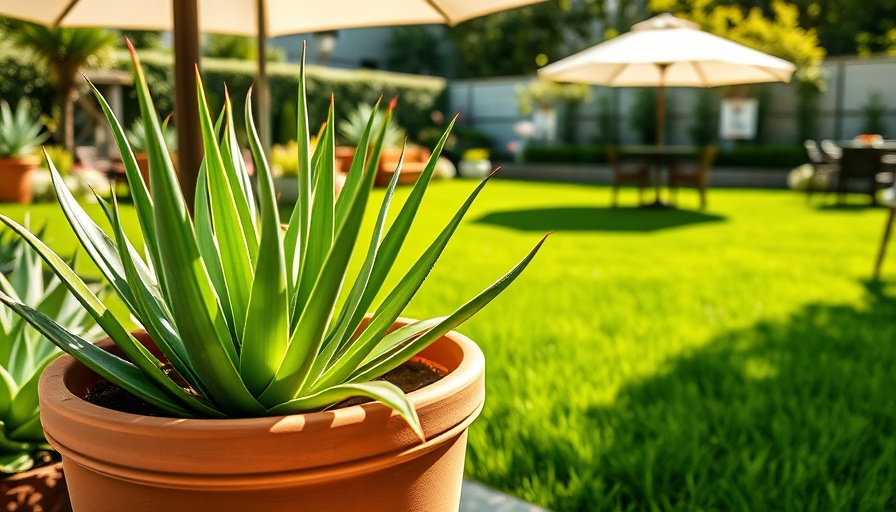 Garden with aloe plants, seating, and lawn care, keep cool in the garden summer.