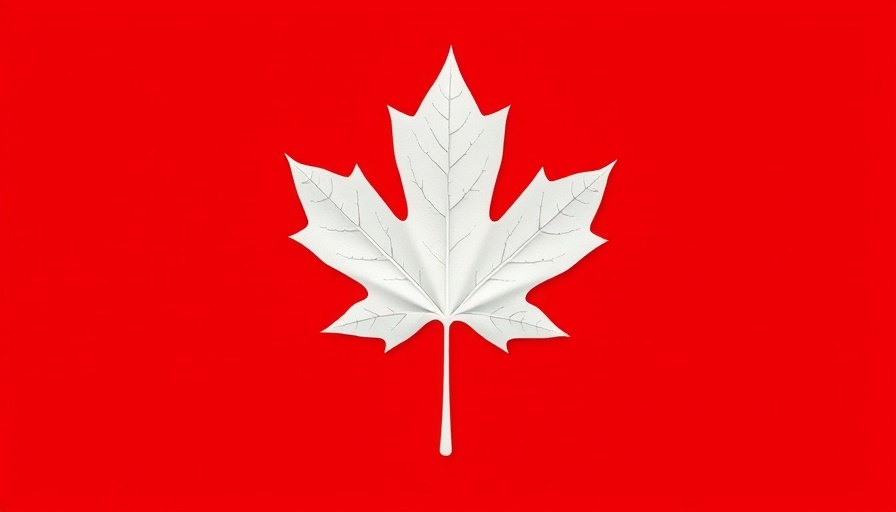Minimalist maple leaf graphic on red background.
