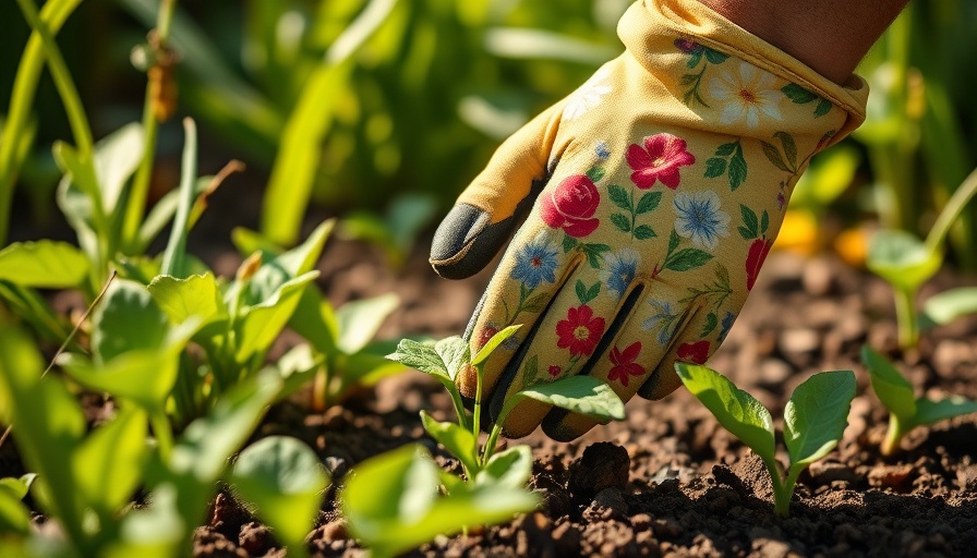 Gardening gloves pulling weeds in a garden, weed control services Shelby MI.