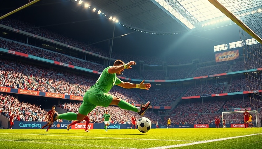 Exciting soccer match scene with a diving goalkeeper in a stadium.