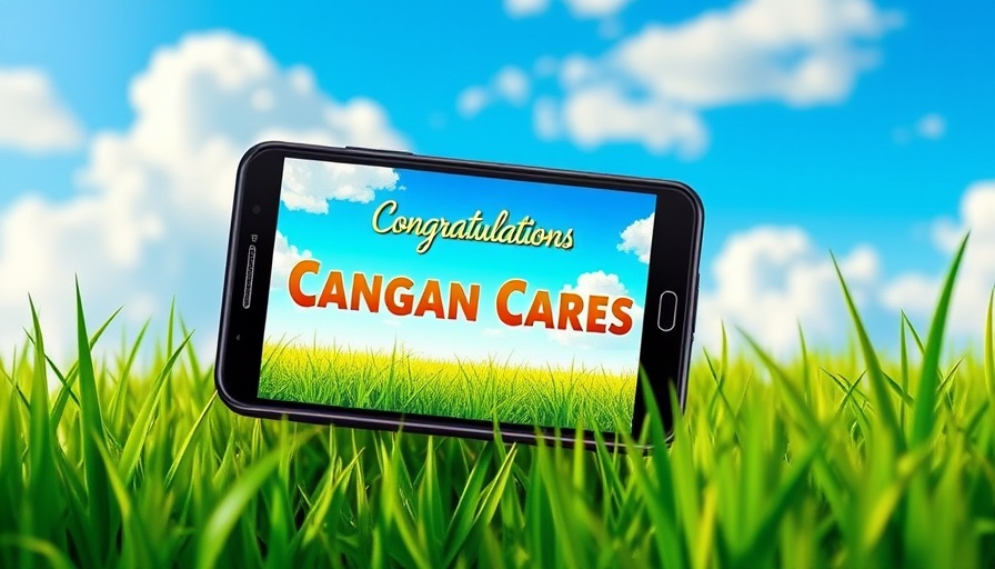 Cartoon lawn care app interface with phone screen in Champaign