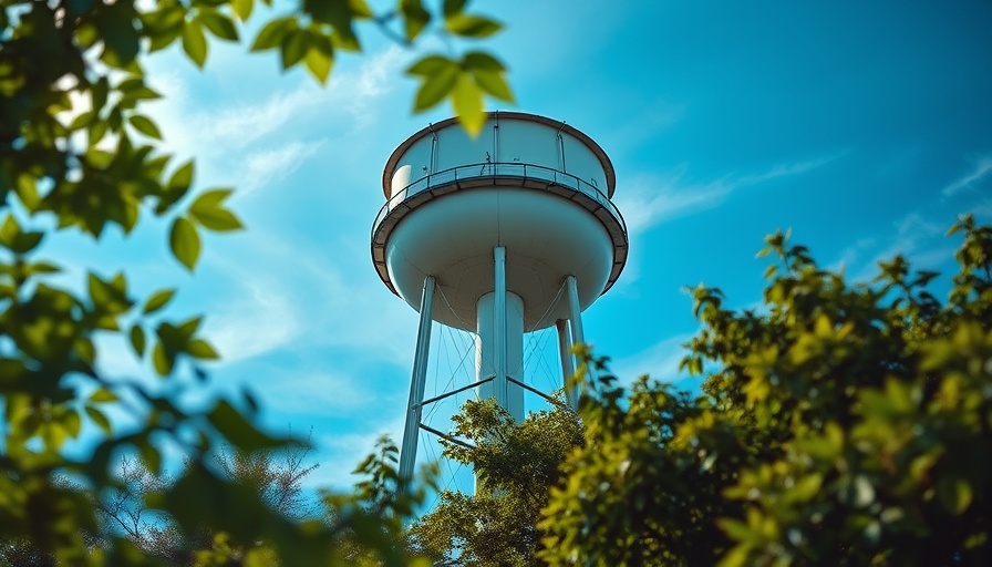 Chapin water tower under blue sky near Amicks Ferry.