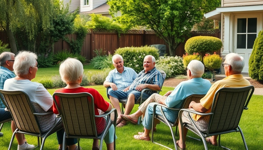Seniors enjoying outdoor gathering in Muskegon, discussing benefits.