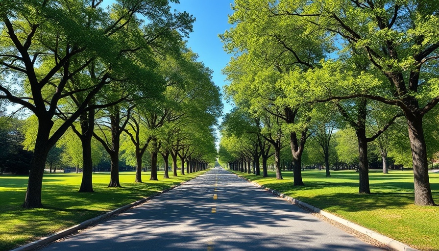 Serene park road with lush trees in Shelby MI, sunny day.