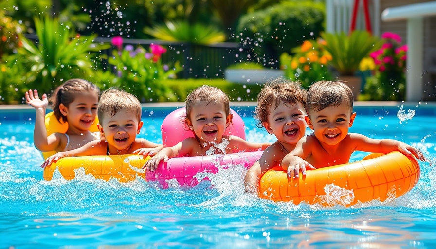 Children playing in pool with floats, vibrant summer day.