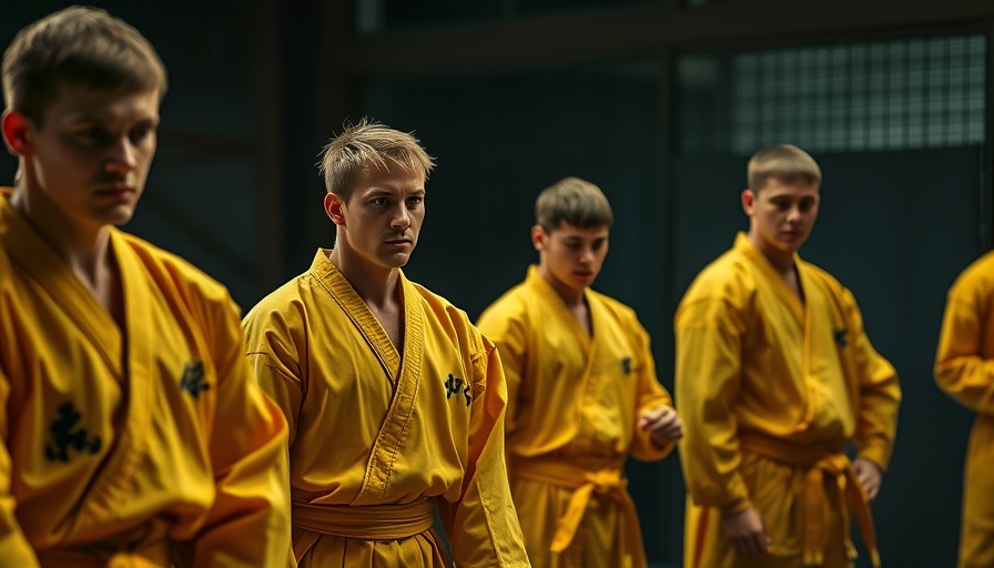 Martial artists in yellow uniforms at karate education facilities.