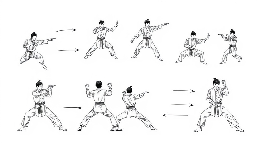 Illustration of Wushu movements for mental fitness training, diagram.