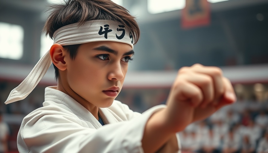 Young martial artist with headband shows focus in blurred arena.