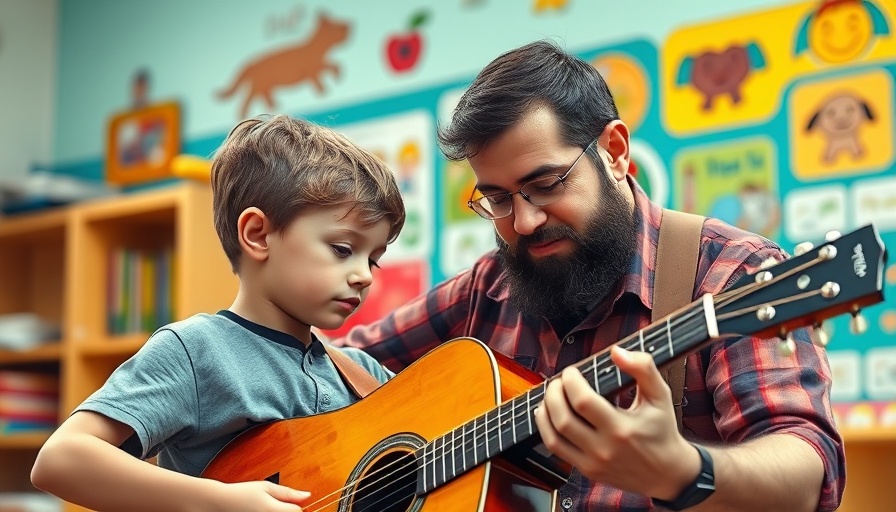 Young boy and man in autism treatment center, guitar session.
