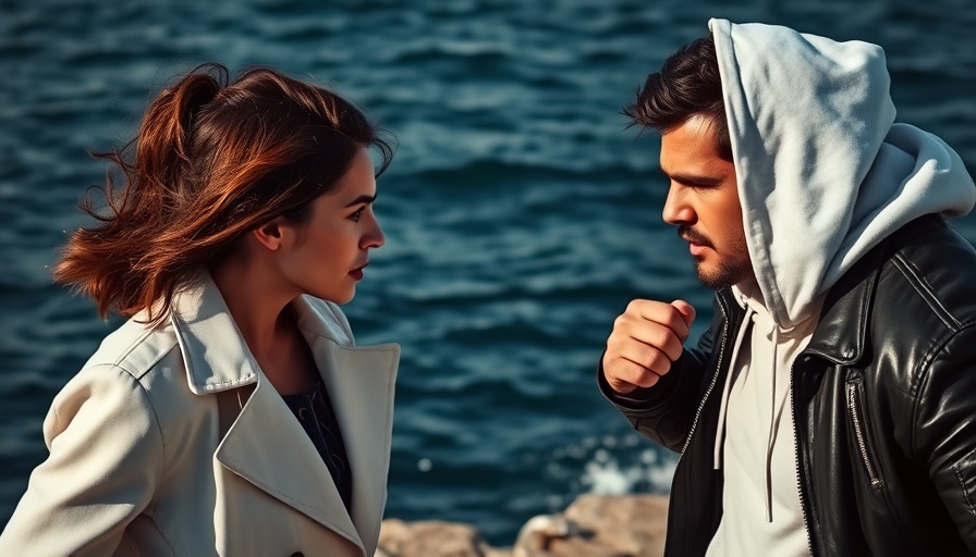 Woman practicing self-defense against man by the sea.