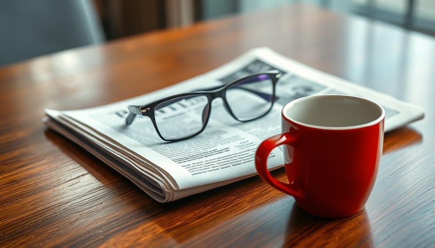 Press release on desk with coffee cup and glasses, Shelby MI.