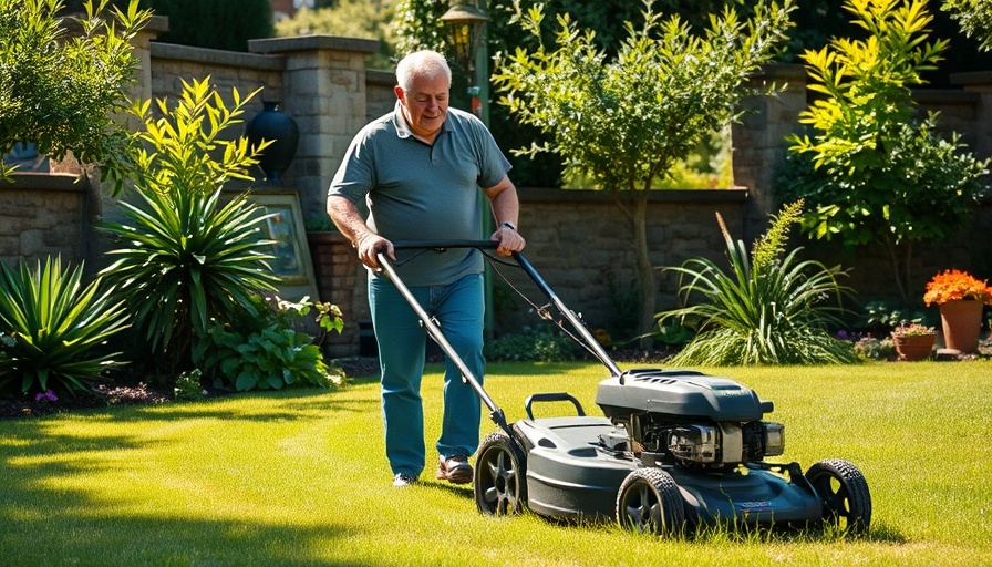 Elderly man mowing lawn in Shelby MI garden