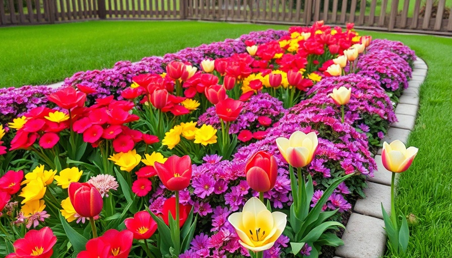 Vibrant garden bed with flowering ground covers and tulips.