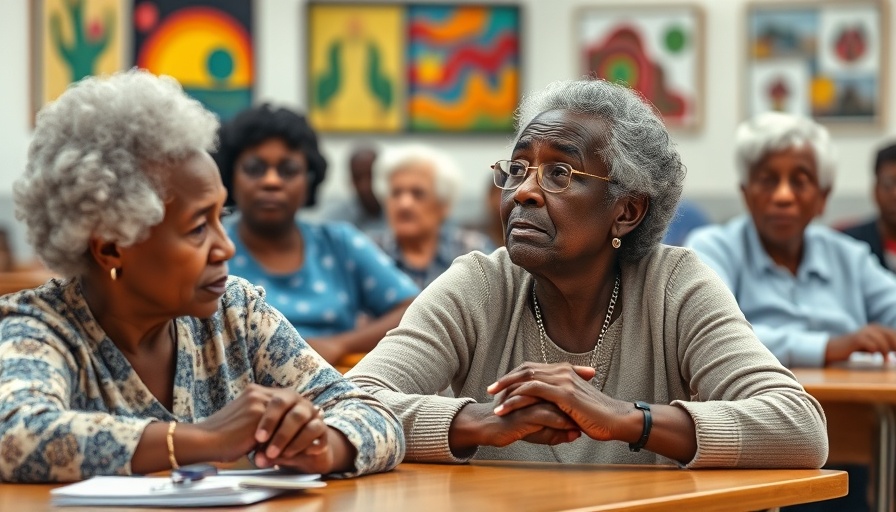 Delaware County Health seniors attentively listening in community center.