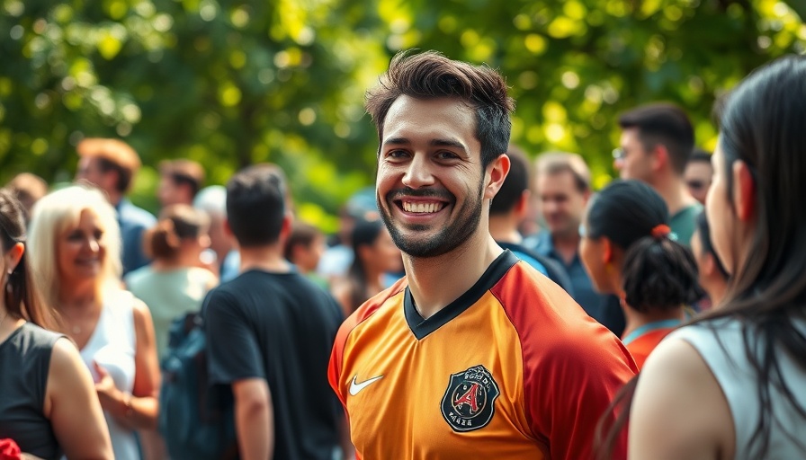 Autism fundraising events: smiling man engaging with crowd outdoors.
