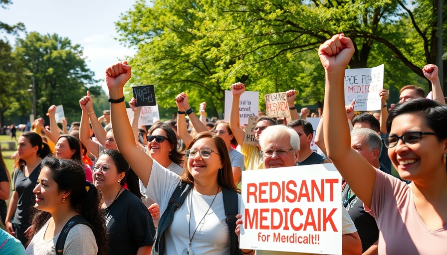 Protesters rallying against Trump tax bill Medicaid cuts in a park.